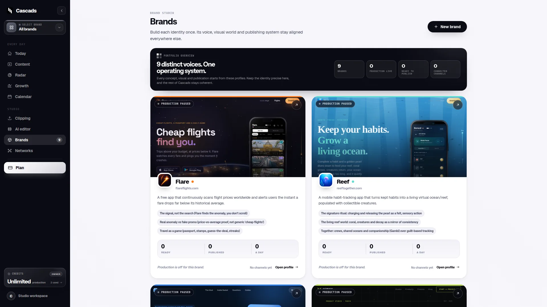 Cascads Brand Studio readiness snapshot with nine profiles and zero connected channels